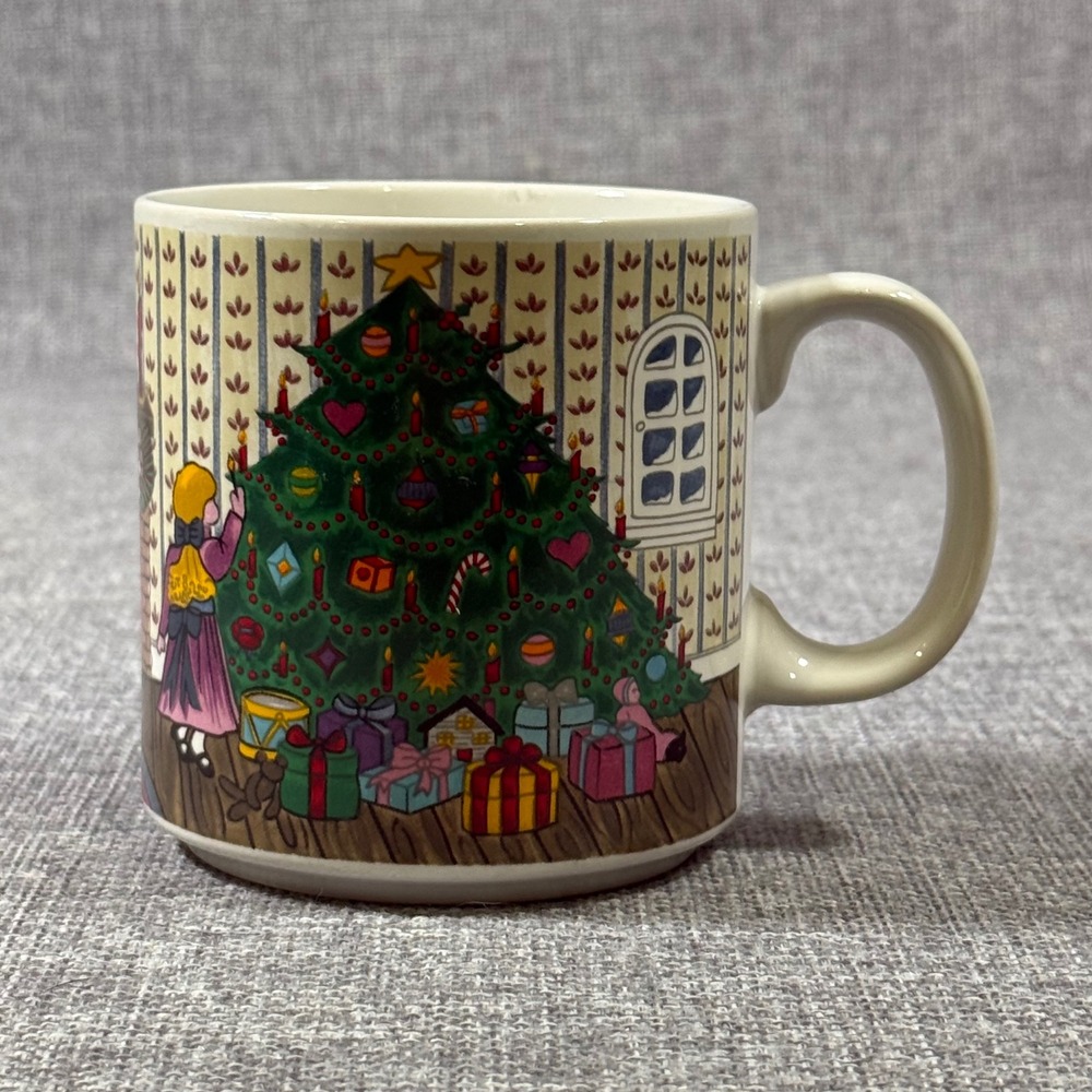 VTG Grant Howard 1990 Christmas Tree Fireplace Cat Mug White Holiday Cottagecore